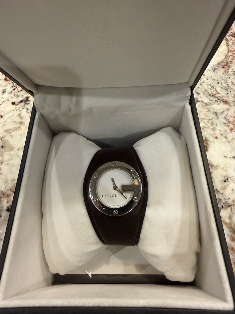 Gucci Women's Dark Brown Leather Strap Watch with Silver-Tone Bezel